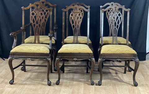 Six High Quality wood CHIPPENDALE Style MAHOGANY Dining chairs needs reupholster Cover