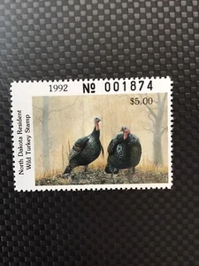 1992 North Dakota Turkey Stamp MNHOG Free Shipping - Picture 1 of 2