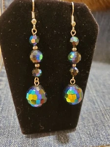 VINTAGE 2 1/2" SCHWARZE REGENBOGEN KRISTALL OHRHÄNGER - Bild 1 von 5