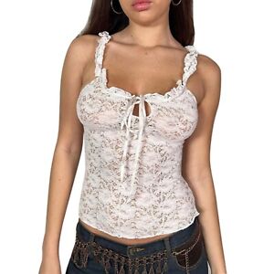 Women's Frill Trim Strap Tie Knot Ruched Front Bustier Crop Top Lace Tank