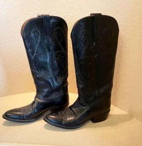 LUCCHESE Black Leather Handmade WESTERN BOOTS Size 6B - Picture 1 of 5