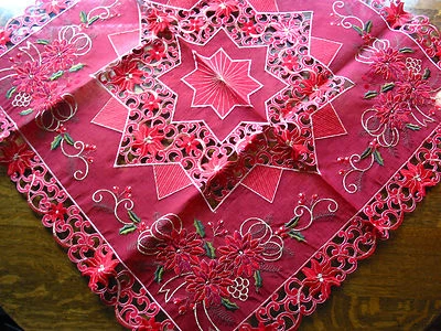 Christmas Embroidered Tablecloth Cut Work Star Poinsettia 34" SQ Red Gold NEW - Image 1 of 4