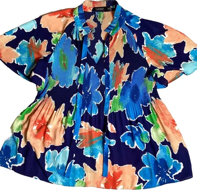 Blusa para mujer Lauren Ralph Lauren 2X azul naranja floral plisada cuello lazado Top Foto 1 de 4