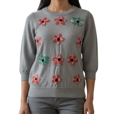 J. CREW 100% Merino Wool Tippi 3/4 Sleeve Crewneck Sweater Graphic Floral EUC XS - Image 1 of 4