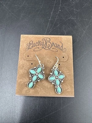 Brincos femininos Lucky Brand Western Drop joia pedra azul-petróleo cor prata cruz - Imagem 1 de 3