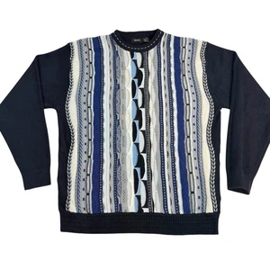 VTG GACHU Abstract 3D Knit Jacquard Sweater Mens LG Blue White Black Crew Neck - Picture 1 of 10