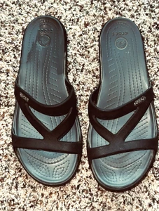 CROCS Patricia black wedge heel strappy sandals 6 - Picture 1 of 8