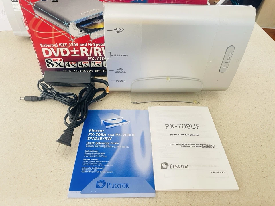 Plextor PX-708UF External DVD/CD Rewritable Drive BOX Untested, Cord, Inserts - Image 1 of 4
