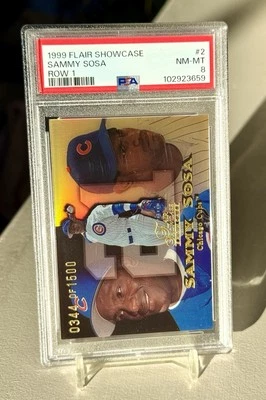 Row 1! 1999 Flair Showcase Seat 1 Sammy Sosa Refractor Serial# /1500 PSA 8 POP 2 - Image 1 of 2