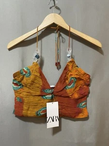 NWT ZARA Women Beaded Spaghetti Strap Pleated Smocked Crop Top Size S Terracotta - Picture 1 of 18
