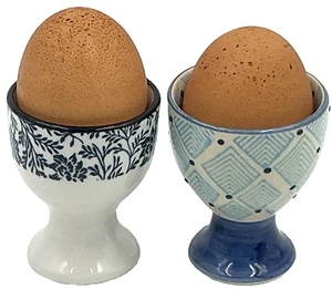 Lot of 2 Egg Cups Blue White Porcelain Ceramic Modern Classic Hand Painted New - Picture 1 of 12
