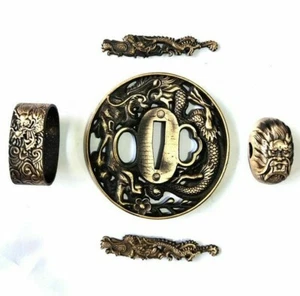 Nice Set Brass Tsuba Menuki Fuchi Kashira For Japanese Katana Sword Wakizashi  - Picture 1 of 10