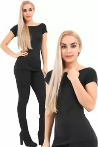 80's Women’s Slash Neck Black Viscose T-Shirt Short Sleeve Halloween Fancy Dress - Picture 1 of 2