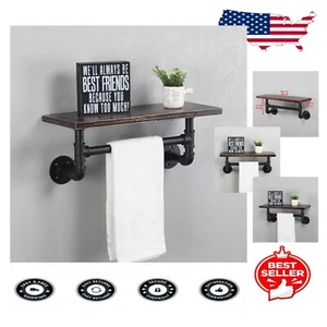 Versatile 1-Tier Industrial Shelf with Rustic Wood and Towel Holder for Any Room - Picture 1 of 10