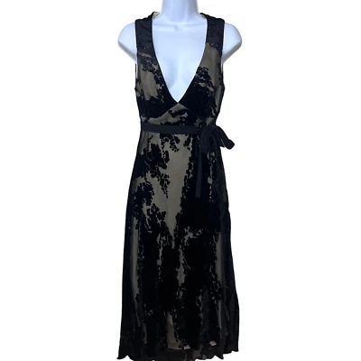 VTG A.B.S by Allen Schwartz Black Sheer Lace Velvet Floral Midi Dress Y2K 12 - Изображение 1 из 4