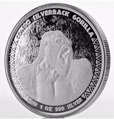 2017 Republic of Congo 1 oz .999 Silver Silverback Gorilla #silversqueeze! NEW! - Image 1 of 4
