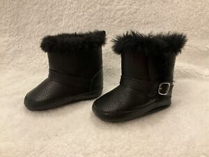 First Steps By Stepping Stones Black Leather and Fur Trim Boot 6-9 Months