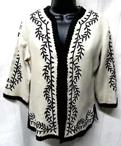 LINEA by Louis Dell'Olio Size XS Cream Black Floral Embroidered Linen Jacket - Picture 1 of 3