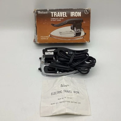 Plancha de viaje Valiant vintage con caja 8 pies cable mango plegable probado y funciona Foto 1 de 4