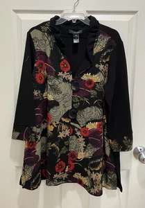 ALI MILES Hemdjacke Damen XL schwarz Blumen Rüschenkragen Knopfleiste 3/4 Arm - Bild 1 von 7