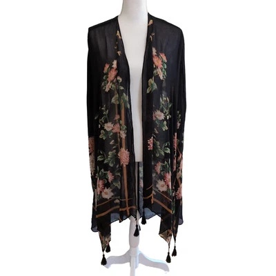 Urban Outfitters Shangri-La Black Floral Triangle Open Poncho One Size - Image 1 of 4