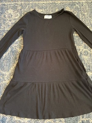Girl Long Sleeve Black Ribbed Tiered Dress Old Navy Large 10-12 Pockets - Image 1 of 4