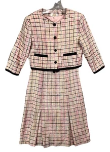 Talbots Women 6 Two Piece Dress Suit Set Vintage Silk Tweed Boucle Pastel Plaid - Picture 1 of 23