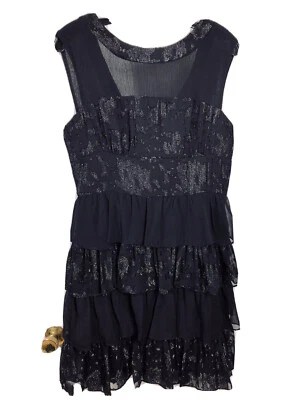 Vestido Pequeño Negro Max and Cleo Talla 10 Volantes En Niveles Negro Brillante LBD Foto 1 de 4