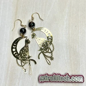 Pendientes Gato Brujo - Mujer Bruja Cuentas Semipreciosas Corte Láser - Dorado Negro - Imagen 1 de 3