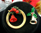 PAIR of BELL BROOCHES Vintage Christmas Pin 2 Red Green Holly Berries Goldtone