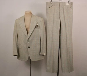 Mens VTG 70s NOS Light Green Plaid Leisure Suit L 42 1970s Polyester Blend Disco - Picture 1 of 15