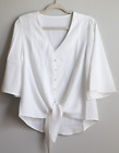 Women's Casual V Neck Tops 3/4 Sleeve Size S Tie Knot Blouses Solid Button Down