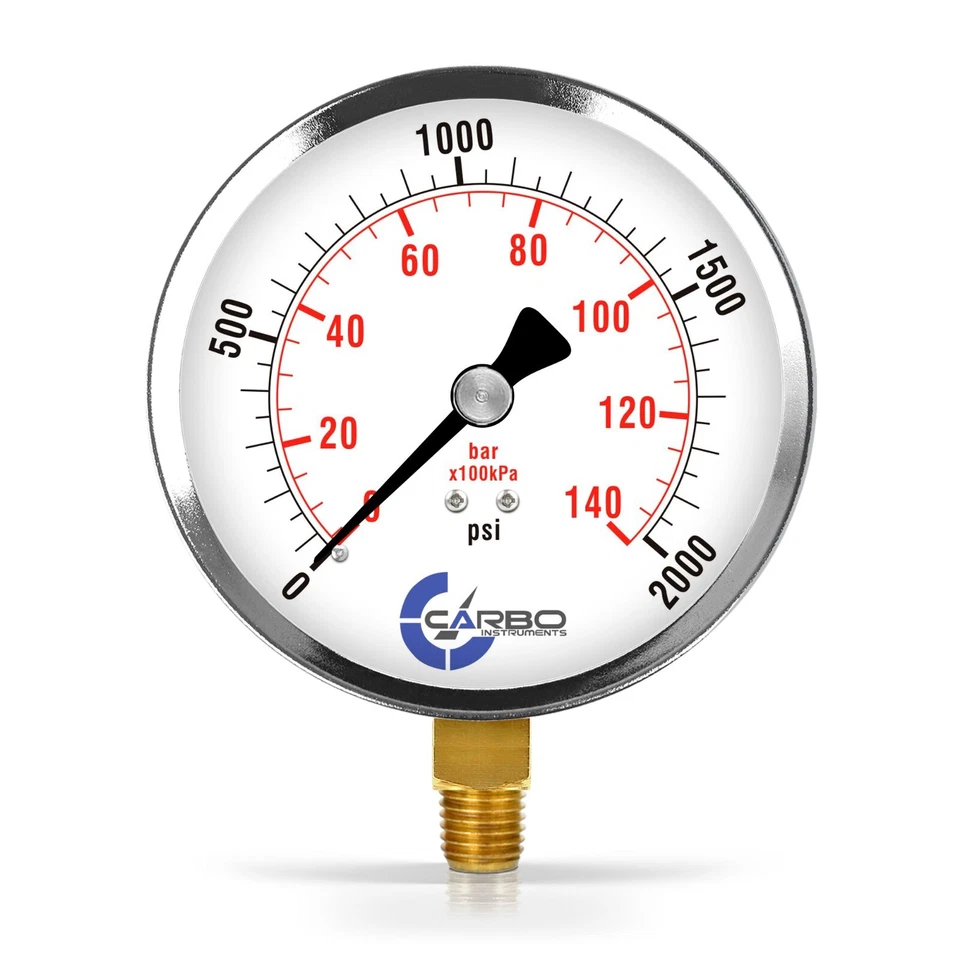 4" Pressure Gauge - Chrome Plated Steel Case, 1/4"NPT, Lower Side Mnt. 2000 PSI - Image 1 of 4