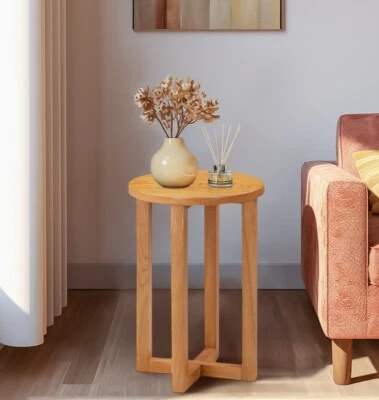 HALLOWOOD FURNITURE Round Side Table, Small Oak Lamp Table, Solid Wood Telephone/Plant Stand