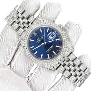 Rolex Datejust 36mm Pave 10.2ct Iced Diamond Blue Dial Watch 116200 Box Papers - Picture 1 of 8