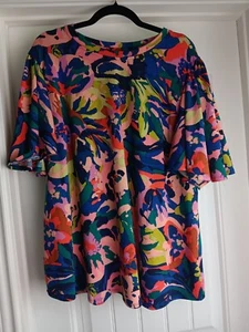 Women’s 2X Pink Abstract Blouse Top Flutter Sleeve Stretchy Pullover Plus Size - Picture 1 of 7