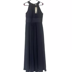 AW Bridal Dark Blue Halter Neck Pleated Bodice Fit And Flare Gown Sz 12 NEW - Picture 1 of 10
