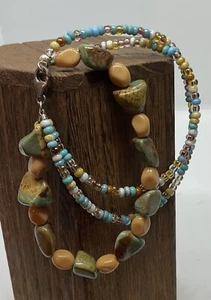 "Brazalete de cuentas de vidrio de múltiples hilos turquesa de plata de ley se adapta a talla 8"" unisex" - Imagen 1 de 5