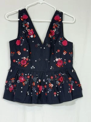 NEW J. Crew Women’s Embellished Floral Peplum Tank Top V-Neck Navy Blue Sz 0 - S - Image 1 of 4
