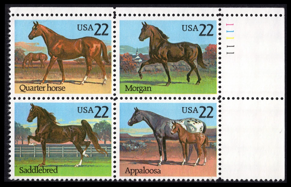US Scott # 2158a, Horses, Plate Block of (4) 1985 22¢ Stamps, MNH - Image 1 of 1
