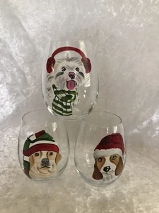Pier 1 One Stemless Wine Glasses Holiday Christmas Dogs Hats Assorted Set of 3 - Picture 1 of 5