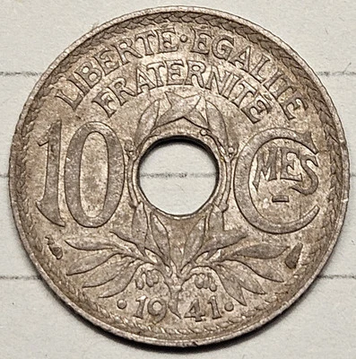 1941 FRANCE 10 CENTIMES - Excellent Coin - FREE SHIP With A Hole In the Center  - Image 1 of 2
