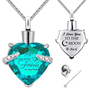Birthstones Heart Cremation Pendant Urn Necklaces for Ashes Urns for Human As... - Picture 1 of 6