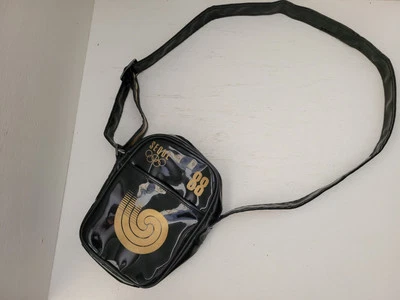 Vintage Seoul Korea 1988 Olympic Bag Should Purse Tote Patent Leather Black Gold - Image 1 of 4