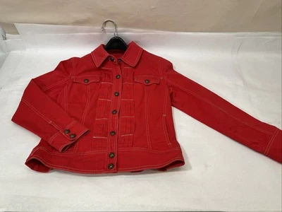 AMI Women's Denim Jacket Size M Red Long Sleeve Snap Front Flare Bottom CUTE! - Изображение 1 из 4
