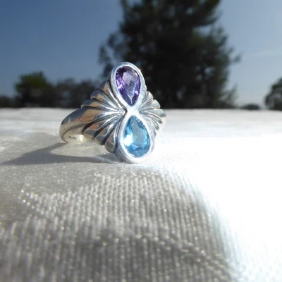 GORGEOUS STERLING SILVER BLUE TOPAZ AMETHYST RING SIZE 8 By KABANA Great Design - Image 1 of 4