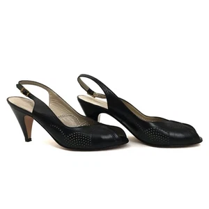 Vintage Salvatore Ferragamo Black Leather Peep Toe Slingback Heels 6AAA Narrow - Picture 1 of 7
