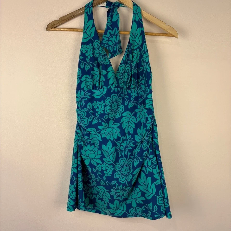 L.L. Bean Turquoise Navy Floral One Piece Swim Dress Size 10 UPF 40+ Beach - Image 1 of 4