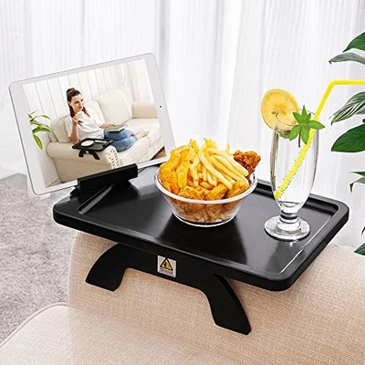  Couch Arm Table, Bamboo Clip On Side Table Tray,Foldable Sofa Arm Tray Black - Image 1 of 4