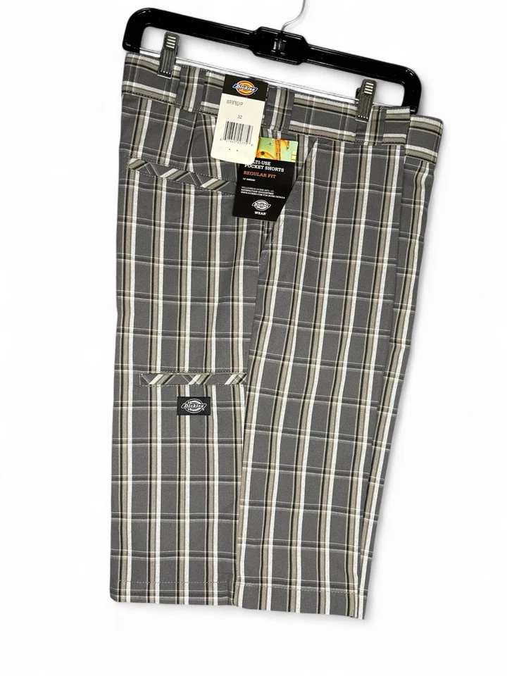 dickies mens gray white plaid regular fit cell phone pocket work shorts 30-48 - Image 1 of 1